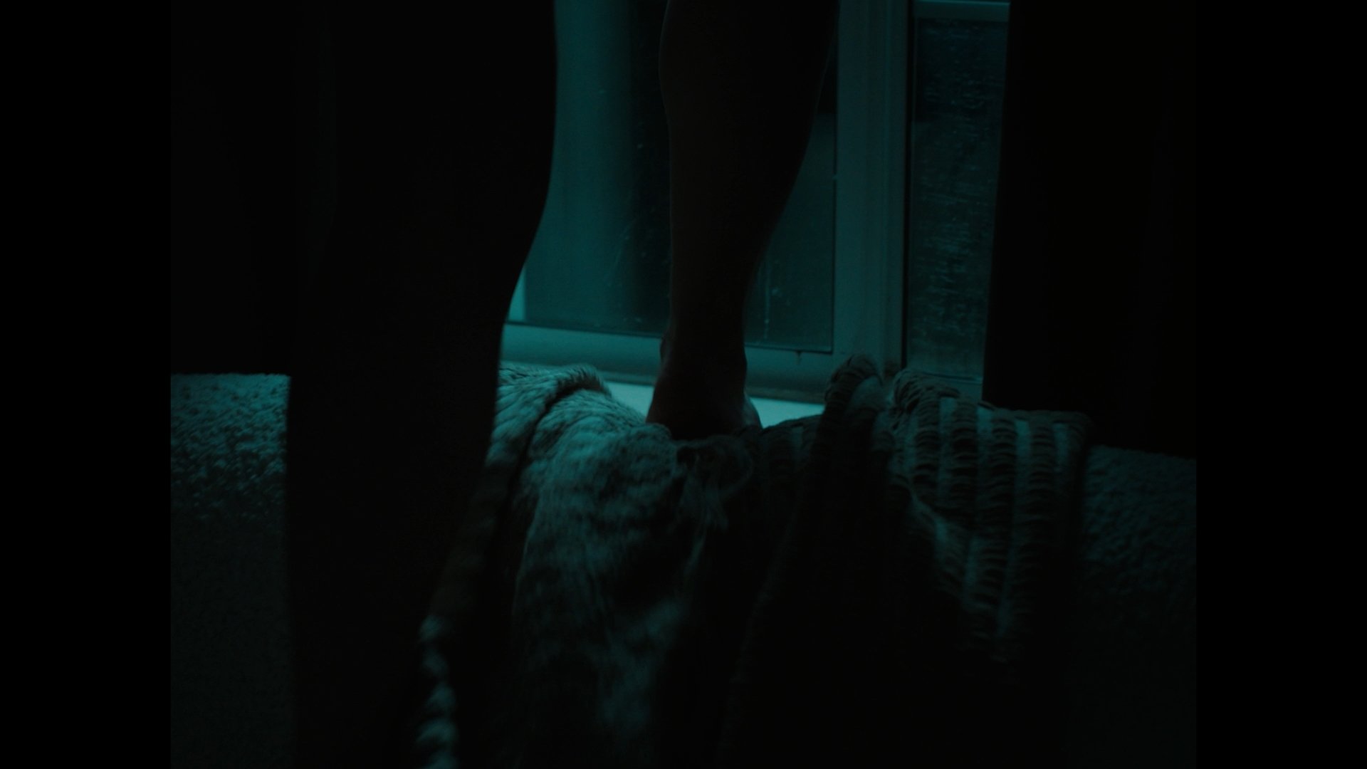 Person walking on a person lying on the floor with pajamas, in a dimly lit room, near glass door.